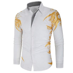 Comfortable Men's Cotton Casual Long Sleeve Dress Shirt With Gold Print