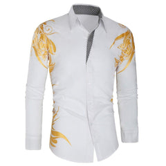 Comfortable Men's Cotton Casual Long Sleeve Dress Shirt With Gold Print