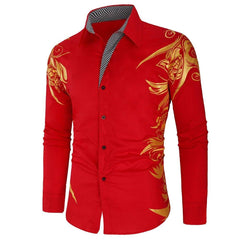 Comfortable Men's Cotton Casual Long Sleeve Dress Shirt With Gold Print