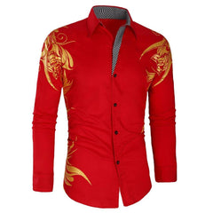 Comfortable Men's Cotton Casual Long Sleeve Dress Shirt With Gold Print